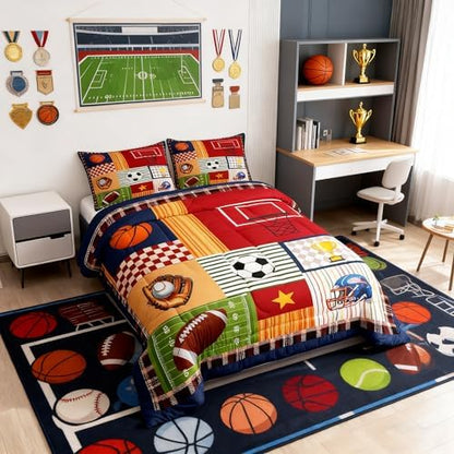 Boys Football Comforter Set Cartoon Ball Sports Themed Bedding Set for Kids Teens Child Room Decor Colorful Geometric Grid Stripes Quilted Duvet Cute Baseball Rugby Duvet Insert Twin Size