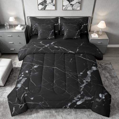 Erosebridal Black Grey Marble King Bedding Set 7 Piece Gray Marbling Crack Bed in A Bag with Sheets Simple Modern Comforter Set for Kids Adults,Aesthetics Marbling Bed Sets