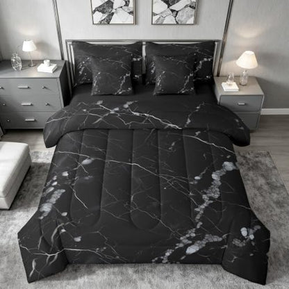 Erosebridal Black Grey Marble King Bedding Set 7 Piece Gray Marbling Crack Bed in A Bag with Sheets Simple Modern Comforter Set for Kids Adults,Aesthetics Marbling Bed Sets