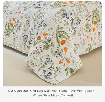 Lady Ann Oversized King Bedspreads 128x120,100% Cotton Floral Quilt Coverlet California King Size Extra Large Yellow Flowers & Leaves Pattern Plant Botanical Printed Lightweight Bedding Set, 3Pcs