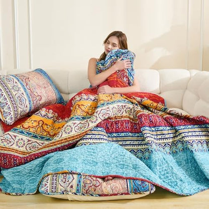 WONGS BEDDING Blue Quilt Set California King, Boho Stripe Bedding Set