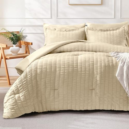 FreshCulture Comforter Set Seersucker 5 Pieces, All Season Bedding Set Twin XL, Bed in a Bag Comforter Set with Comforter, Flat Sheet, Fitted Sheet, Pillowcase and Pillow Sham, Beige
