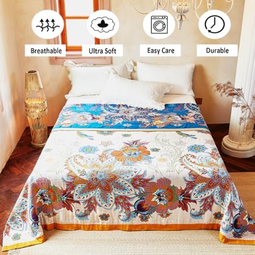VANJOROY Boho Throw Blanket, 100% Organic Cotton Breathable Skin-Friendly Ultra Soft Bed Quilt Throw - All Season Floral Bird Farmhouse Décor Luxury Blanket for Sofa Couch Chair and Gift. 50" x 60"