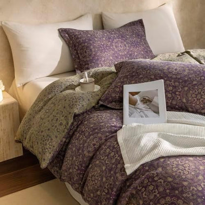Full Duvet Cover Set Purple Green Floral Duvet Cover Exquisite Jacquard Flower Bedding Set Boho Medallion Vintage Floral Comforter Cover Linen Cotton Yarn-Dyed Textured Duvet Cover with Zipper Ties