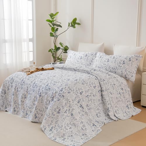 Lady Ann Oversized Queen Quilt Set, Blue and White Floral & Leaves Pattern Plant Botanical Printed Quilted 102x118 Bedspread Set, Vintage Coverlet Ultra Soft Cotton Coverlet with Pillow Shams, 3 PCS
