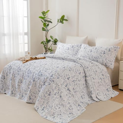 Lady Ann Oversized Queen Quilt Set, Blue and White Floral & Leaves Pattern Plant Botanical Printed Quilted 102x118 Bedspread Set, Vintage Coverlet Ultra Soft Cotton Coverlet with Pillow Shams, 3 PCS