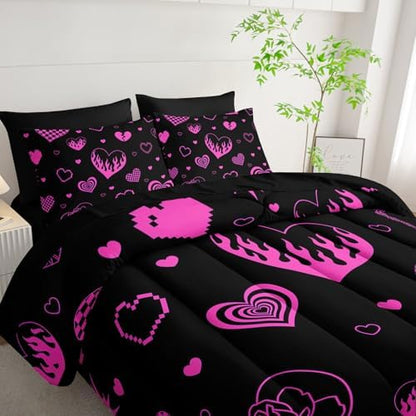 7Pcs Heart Comforter Set Pink Rose Printed Bedding Set with 1 Comforter, 1 Flat Sheet, 1 Fitted Sheet and 4 Pillowcases for Boys and Girls Bedroom All Season(Rose-2 King