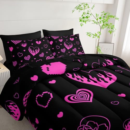 7Pcs Heart Comforter Set Pink Rose Printed Bedding Set with 1 Comforter, 1 Flat Sheet, 1 Fitted Sheet and 4 Pillowcases for Boys and Girls Bedroom All Season(Rose-2 Full
