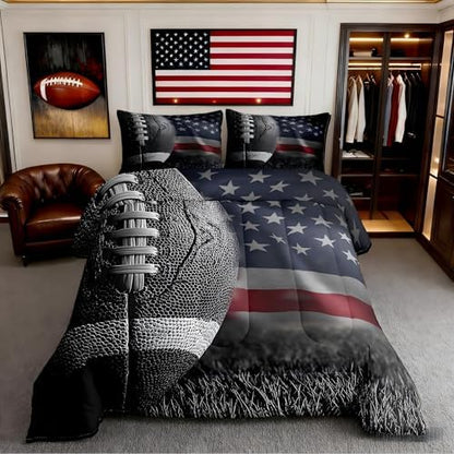 American Football Print Comforter Set Queen Size,American Flag Print Bedding Set Kids Young Man,3D Sports Game Comforter for Teen Child Room Decor,American Culture Quilted Duvet Set with 2 Pillowcase