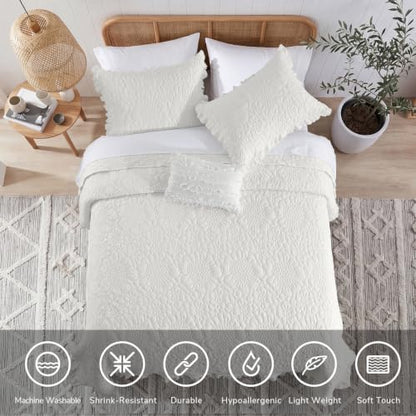 HORIMOTE HOME White Ruffled Quilt Twin Size, Stone-Washed Microfiber Lightweight Crinkled Farmhouse Rustic Shabby Chic Bedding Set, 2 Pieces Reversible Bedspread with Pillow Sham for All Season