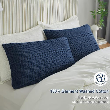 PHF Cotton Waffle Pillow Shams Standard 20" x 26", Blue Sapphire, No Insert