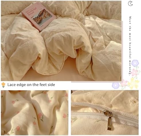 VM VOUGEMARKET Romantic Lace Duvet Cover Set with Pink Flower Pattern Queen Size Soft Lightweight Washed Microfiber Princess Duvet Cover with Zipper Ties 2 Pillowcases for College Dorm