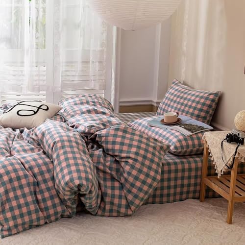 mixinni Plaid Comforter Set Twin XL - 3 Piece Soft Geometric Checkered Comforter with 2 Pillow Shams, Modern Gingham Pattern Bedding Set for All Season, Breathable & Soft Cozy (Pink, Purple, Blue)