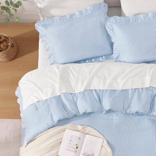 Andency Blue Striped Twin Ruffle Comforter Set, 3 Pieces