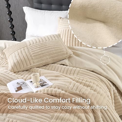 Plush Fleece Comforter Set with Stripe Jacquard Design, Creamy Beige, Queen