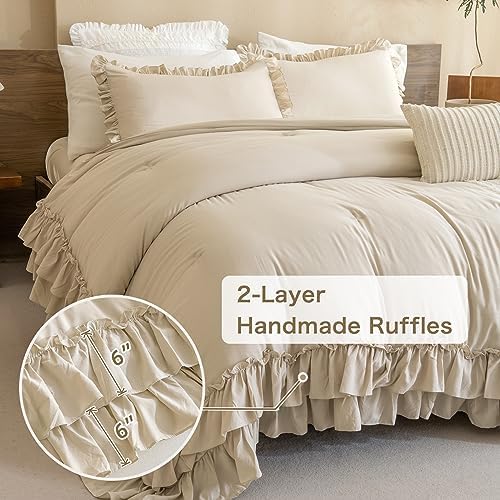 Masaca Ruffled Comforter Set Queen,3-Piece Farmhouse Shabby Boho Chic Bedding,Ultra Soft Fluffy Ruffle Bed Comforter Set (1 Wheat Comforter+2 Ruffle Pillow Shams)
