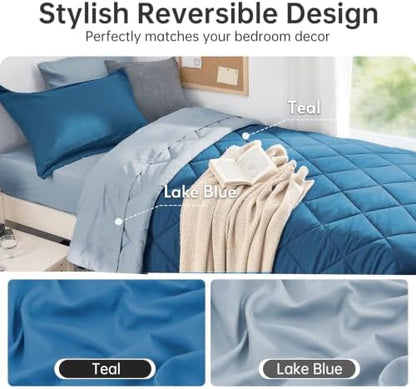 MUXHOMO 5 Pieces Twin XL Comforter Set, Reversible Bed in a Bag Twin XL Size, All Season Bedding Set with Comforter, Flat Sheet, Fitted Sheet, Pillowcases & Shams, Teal & Lake Blue