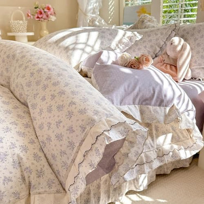 Vintage Flower Duvet Cover Set Twin XL, 3 Piece Coquette Duvet Cover with Ruffle Lace, 100% Cotton Violet Flower Botanical Bedding Set, Aesthetic Floral Cottagecore Comforter Cover for All Season