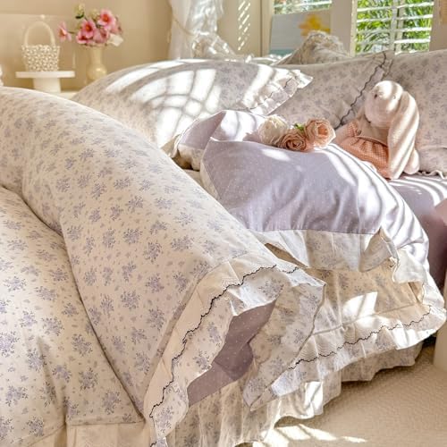 Vintage Flower Duvet Cover Set Full Size, 3 Piece Coquette Duvet Cover with Ruffle Lace, 100% Cotton Violet Flower Botanical Bedding Set, Aesthetic Floral Cottagecore Comforter Cover for All Season