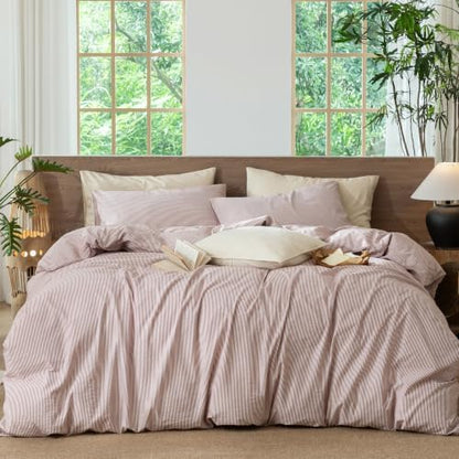 MooMee Striped Duvet Cover Set 100% Washed Cotton Linen Like King