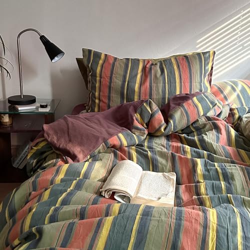 mixinni Vintage Striped Duvet Cover Set Twin XL Size - 3 Piece 100% Washed Cotton Bedding Set, Soft & Breathable,Colorful Striped Pattern Printed Comforter Cover for All Seasons