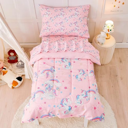 lasoftan Pink Unicorn Toddler Bedding Set for Girls, 4 Piece Bed-in-a-Bag Toddler Comforter Sets, Super Soft and Comfortable Microfiber Todeeler Bed Set