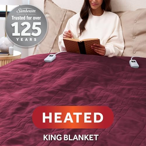Sunbeam Electric Royal Luxe Microplush Heated Blanket, 12 Heat Settings, 12-Hour Selectable Auto Shut-Off, Fast Heating, Warm and Cozy, Cabernet Color, King, 90" x 100"