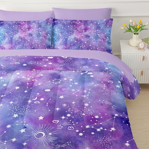 QOOMO Purple Galaxy 7 Pieces Comforter Set Twin,Constellation Bedding Set
