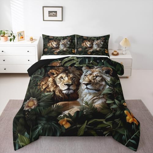Manfei Couple Lion Kids Comforter Set King Size,Flowers Palm Leaf Tropical Plant Bedding Set,Girls Boys Room Decor,Botanical Wild Jungle Animal Quilt Comforter,Rustic Retro Duvet Insert,2 Pillowcases