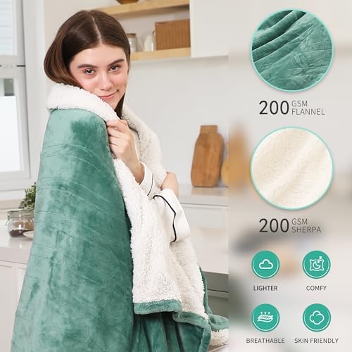 Full Electric Blanket, Heated Electric Blanket with Flannel Sherpa, Machine Washable Heated Blanket with Timer 6 Heating Levels & 1-10 Hours Auto Off, Overheat Protection, 72" x 84", Forest Green