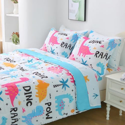 Wajade 7 Piece Kid Girls Dinosaur Comforter Set Twin Size 3D Pink Dinosaur Wild Park Jungle Print Bedding Set with Comforter, Sheet Set, Pillowcase and Sham
