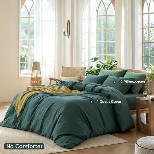 MooMee Bedding Duvet Cover Set 100% Washed Cotton Linen Like Textured Breathable Durable Soft Comfy (Solid Green, King 104"x90")