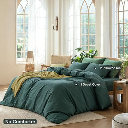 MooMee Bedding Duvet Cover Set 100% Washed Cotton Linen Like Textured Breathable Durable Soft Comfy (Solid Green, King 104"x90")