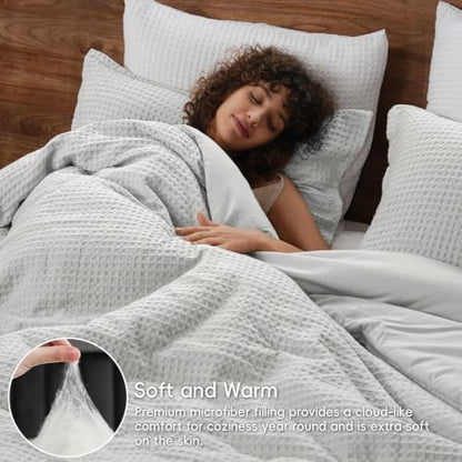 PHF Ultra Soft Waffle Comforter Set 3 Pieces Queen, Light Grey