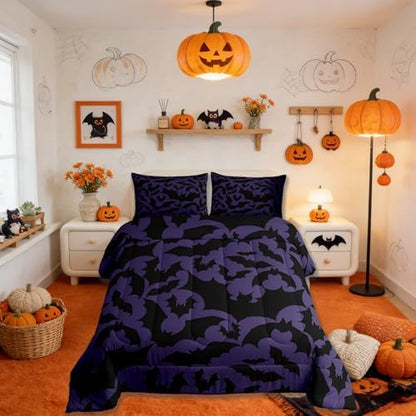 Halloween Themed Bedding Set King Size,Black Bats Animal Print Comforter Set Room Decor for Couple,Dark Purple Color Microfiber Down Comforter,2 Pillowcases