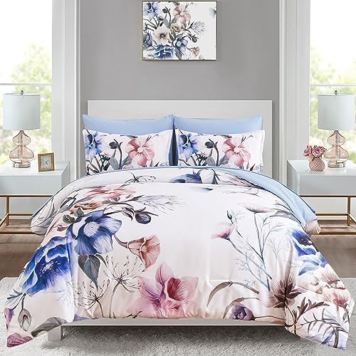 Luxudecor Floral Comforter Set King Size 7 Piece, Blue Flower Bed in a Bag, Elegant Floral Comforter with Sheet Set, Soft Microfiber Bedding Set for All Season (Blue, 104"x90")