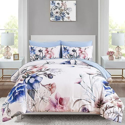 Luxudecor Floral Comforter Set King Size 7 Piece, Blue Flower Bed in a Bag, Elegant Floral Comforter with Sheet Set, Soft Microfiber Bedding Set for All Season (Blue, 104"x90")