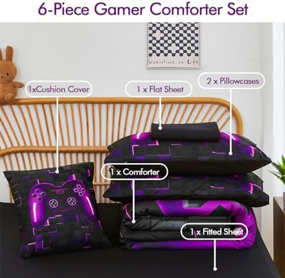 PERFEMET 6 Pieces Bed in A Bag Gamer Comforter Set Queen Size Purple Gaming Bedding Set for Boys Kids Teen Soft Lightweight Video Game Black Quilt Bedspread Set(Purple, Queen)