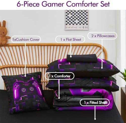 PERFEMET 6 Pieces Bed in A Bag Gamer Comforter Set Full Size Purple Gaming Bedding Set for Boys Kids Teen Soft Lightweight Video Game Black Quilt Bedspread Set(Purple, Full)