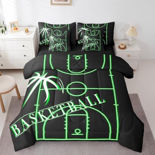 Boys Basketball Bedding Twin Size 7Pcs for Kids Teens Black Green Comforter Set, Sports Gaming Bedding Comforter Sets Green Basketball Court Bed in a Bag, Ball Game Bedding Accessories Super Cozy