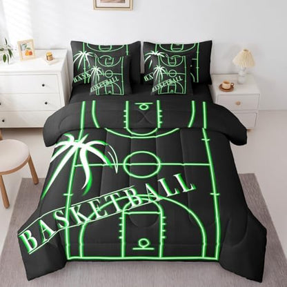 Boys Basketball Bedding Twin Size 7Pcs for Kids Teens Black Green Comforter Set, Sports Gaming Bedding Comforter Sets Green Basketball Court Bed in a Bag, Ball Game Bedding Accessories Super Cozy