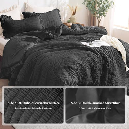 JOLLYVOGUE Black King Comforter Set, 3 Pieces Seersucker Comforters King Size, Lightweight & Fluffy Bedding Sets King for All Season with 1 Ruffle Comforter and 2 Ruffle Pillowshams