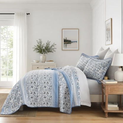 Queen Size Quilt Set - Blue and White Quilt - 100% Cotton Floral Bedspread