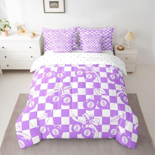 Lucky 8 Ball 7 Piece Bedding Set King Purple Fashion Y2K Comforter Set For Kids Boys Girls Coquette Bow Bed In A Bag With Sheets Violet White Checkered Plaid Bed Set Trendy Aesthetic Preppy Room Decor