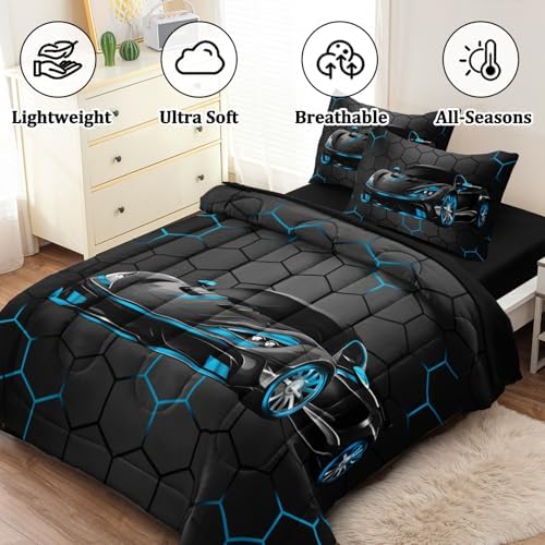 5 Pcs Race Car Twin Bedding Set for Boys, Blue Sports Car Twin Boys Comforter Set with Sheets
