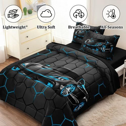 5 Pcs Race Car Twin Bedding Set for Boys, Blue Sports Car Twin Boys Comforter Set with Sheets