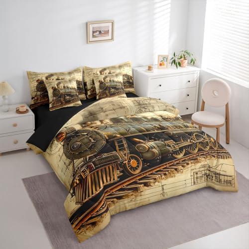 Erosebridal 7 Pieces Vintage Steam Train Bed in A Bag Twin Retro Train Comforter Set with Sheets Transportation Vehicle Bedding Set for Kids Boys Teens Men Steampunk Industrial Aesthetic Bed Sets