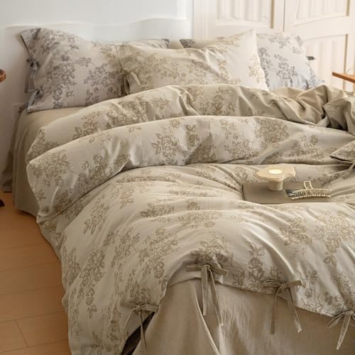 VM VOUGEMARKET Garden Floral Duvet Cover Queen,3 Pcs Yarn-Dyed Jacquard Textured Duvet Cover with Bowknot Retro Monet Style Fall Bedding Set-90"x90",Khaki