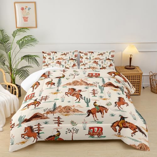 Brown Western Cowboy Comforter Set Queen Size for Boys, Vintage Shabby Chic Bedding, Cozy Boho Country Style Bedding for Teen Boys, Rustic Western Themed Bedroom Decor