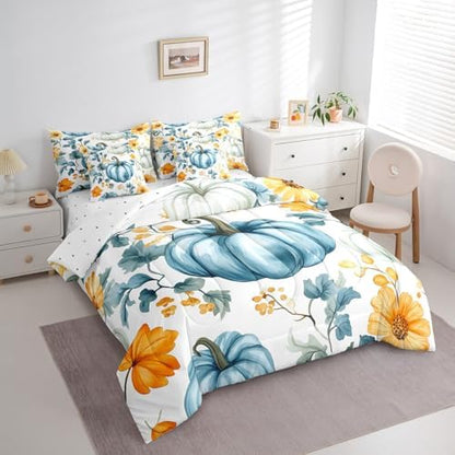 Erosebridal Fall Pumpkin Bed in A Bag with Sheets Autumn Harvest Twin Comforter Set 7 Piece for Adults Men Womenrustic Farmhouse Bedding Set Blue Watercolor Bed Set Room Decor